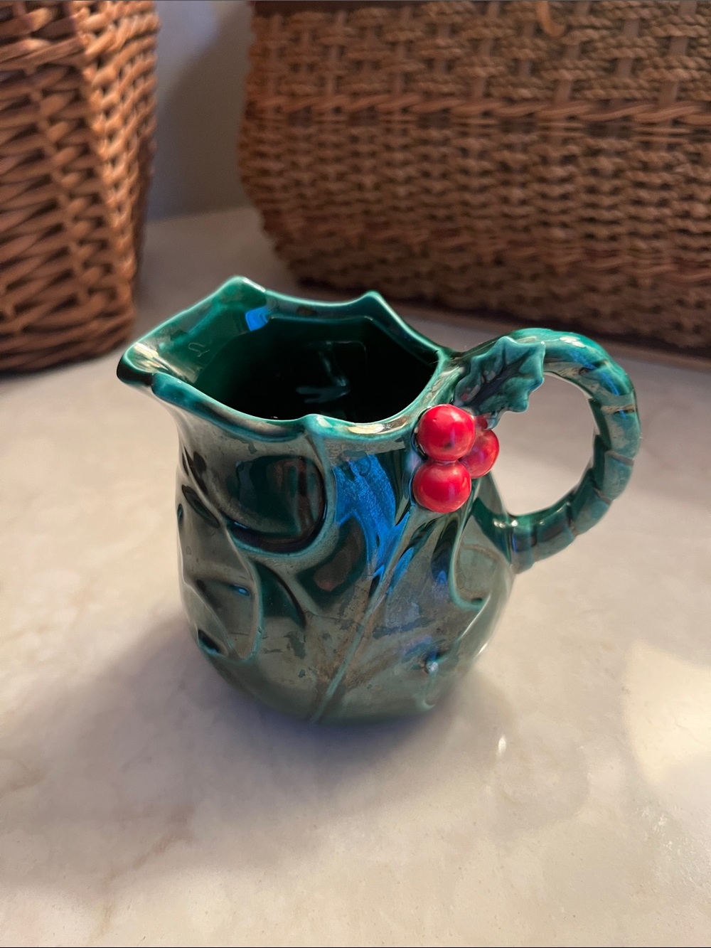 Vintage Lefton Green Holly Berry Creamer, mini pitcher #1355